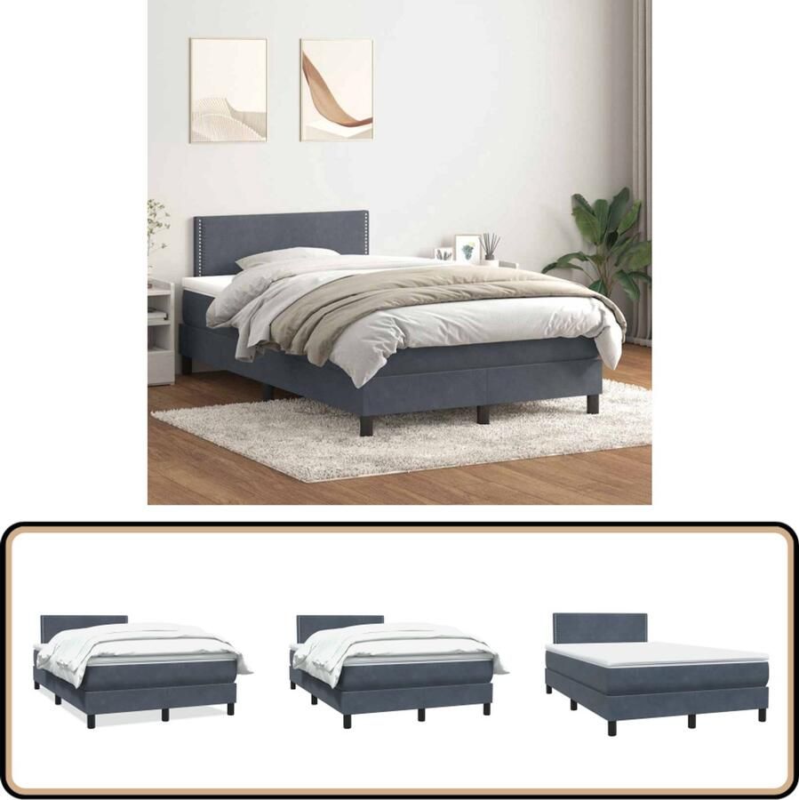 VidaXL Boxspring Fluweel Donkergrijs 120x210 cm Boxspring Bed Donkere Kleuren Fluweel Tweepersoonsbed Kingsize Bed Moderne Slaapkamer Hoogwaardig Matras Pocketvering Comfort Gemakkelijke Montage