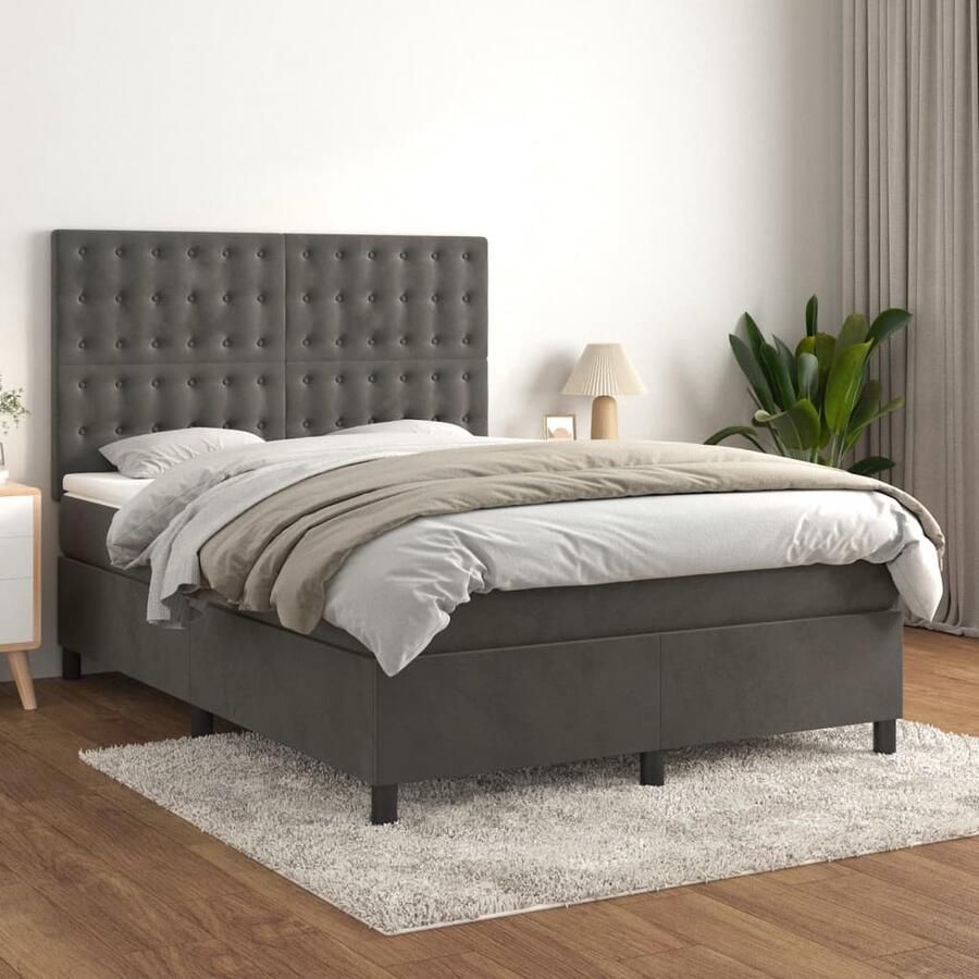 VidaXL Boxspring Fluweel Donkergrijs 140x200 cm Boxspringbed Donkere Kleuren Velvet Meubilair Tweepersoonsbed Boxspring King Size Bed Hoofdbord Ergonomisch Bed Relaxen - Foto 2
