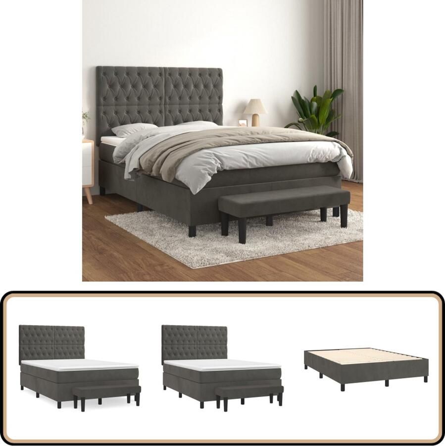 VidaXL Boxspring Fluweel Donkergrijs 140x200 cm Boxspringbed Fluweel Bed Tweepersoons Bed Adjustable Headboard Pocketveer Matras Medium Hard Mattress Velvet Sofa Bed