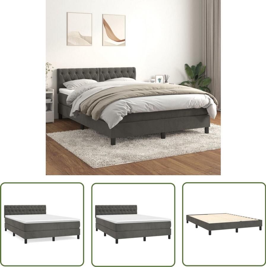 VidaXL Boxspringbed Zacht Fluweel Kleur- Donkergrijs Afmetingen- 193 x 144 x 118 128 cm Met Praktisch Hoofdbord Pocketvering Matras Middelharde Ondersteuning Huidvriendelijk Topmatras Multifunctioneel Bankje 100% Polyester Bed - Foto 2