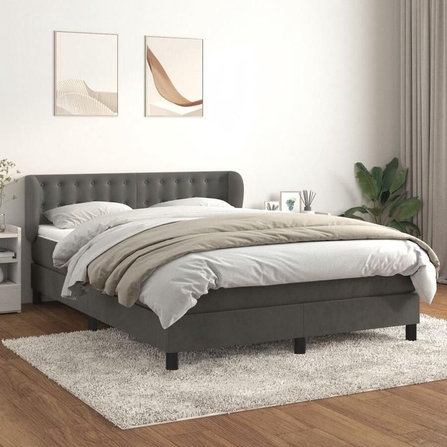 VidaXL Boxspring Fluweel Donkergrijs 140x190 cm Boxspringbed Velvet Bed Donkere Grijze Bed Tweepersoonsbed King Size Bed Slaapkamer Meubilair - Foto 3