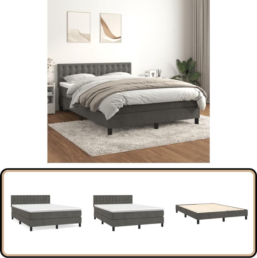 VidaXL Boxspring Fluweel Donkergrijs 140x200 cm Boxspring Boxspringbed Fluweel Donkere Kleuren Tweepersoonsbed Stapelbare Bedden Adjustable Headboard Pocketveermatras Medium Hard