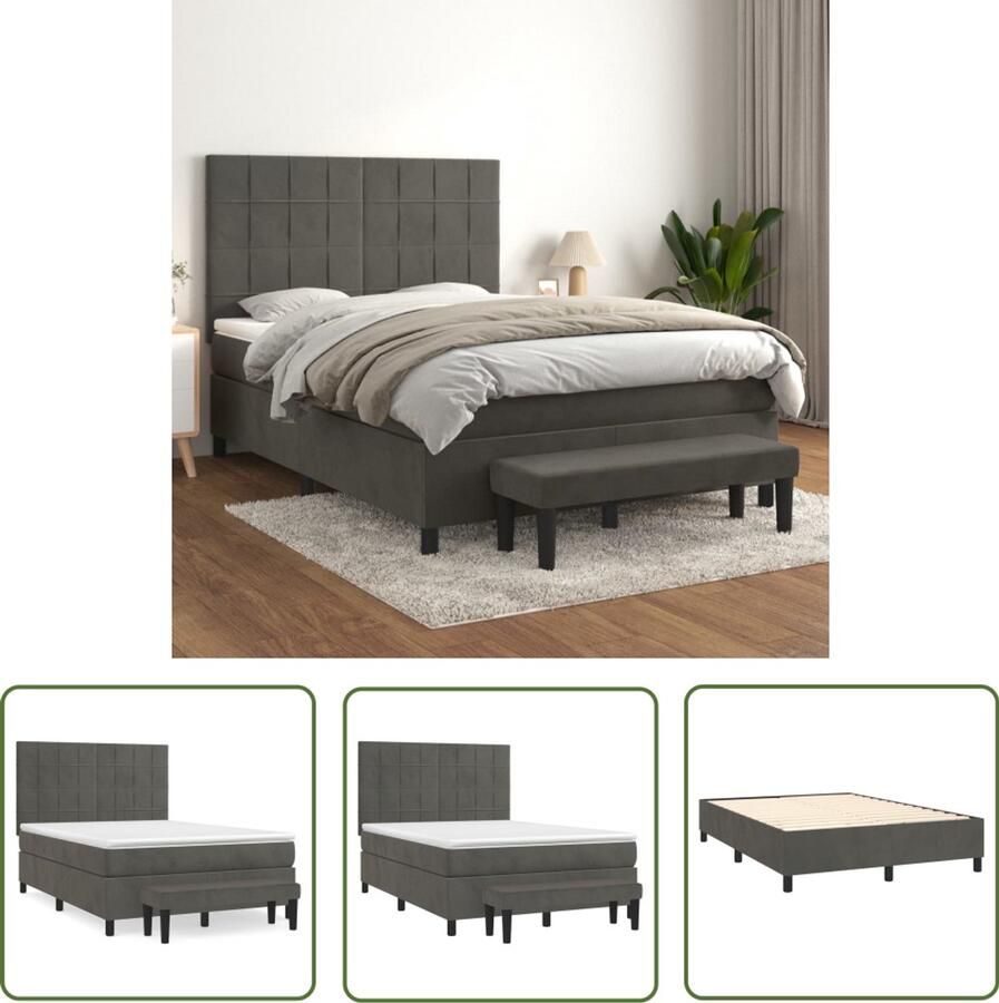 VidaXL Boxspring Fluweel Donkergrijs 140x200 cm Boxspringbed Boxsprings Tweepersoonsbed Donkere Kleuren Velvet Bed Luxe Bed Ergonomisch Bed Stapelbare Bedden Slaapkamer Meubilair