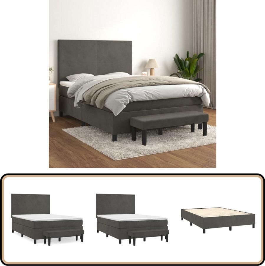 VidaXL Boxspring Fluweel Donkergrijs 140x200 cm Boxspringbed Boxsprings Tweepersoonsbed Donkere Kleuren Velvet Meubilair Adjustable Headboard Pocketveer Matras Medium Hard Mattress Huidgevriendelijk Multifunctional Bench