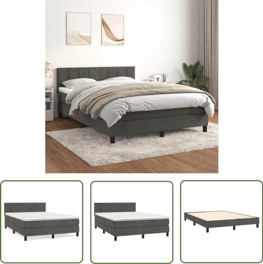 VidaXL Boxspring Fluweel Donkergrijs 140x200 cm Boxspringbed Donkere Kleuren Velvet Bed Tweepersoons Bed Pocketveer Matras Midden Hard Matras