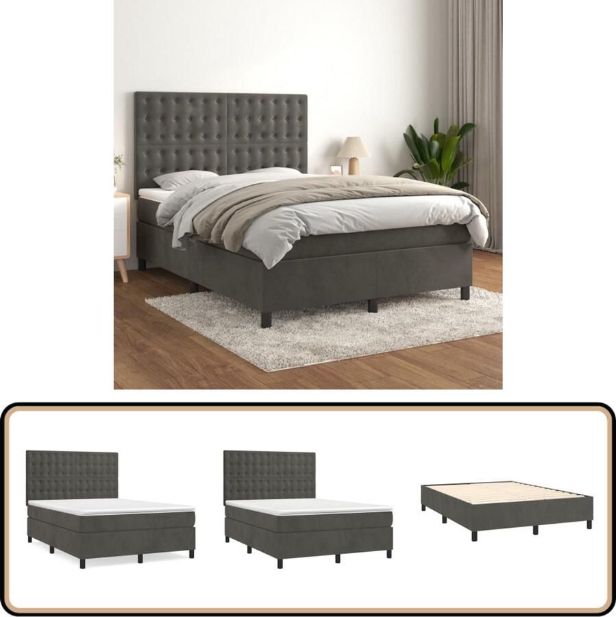 VidaXL Boxspring Fluweel Donkergrijs 140x200 cm Boxspringbed Donkere Kleuren Velvet Meubilair Tweepersoonsbed Boxspring King Size Bed Hoofdbord Ergonomisch Bed Relaxen