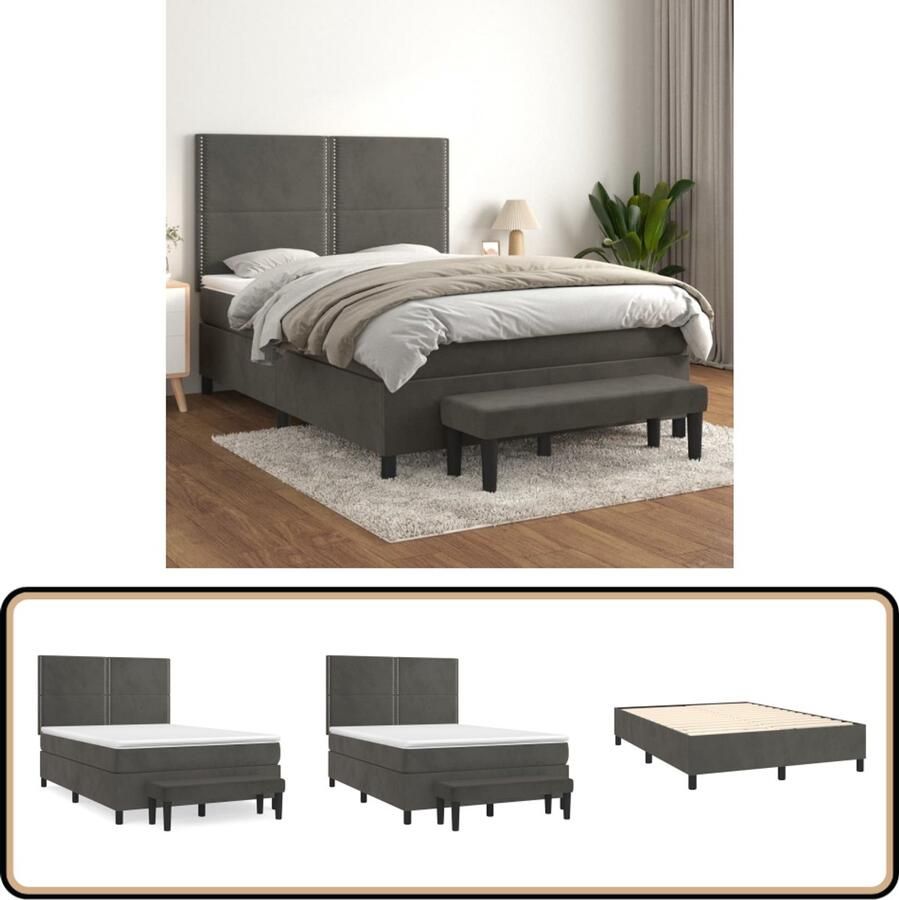 VidaXL Boxspring Fluweel Donkergrijs 140x200 cm Boxspringbed Fluweel Bed Hoofdbord Pocketvering Matras Middenhard Matras