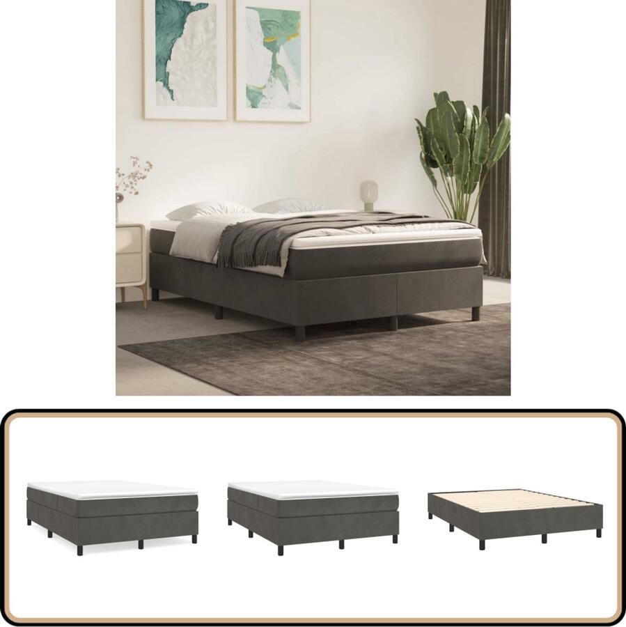 VidaXL Boxspring Fluweel Donkergrijs 140x200 cm Boxspringbed Fluweel Bed Pocketveer Matras Middelhard Matras Donkere Kleuren