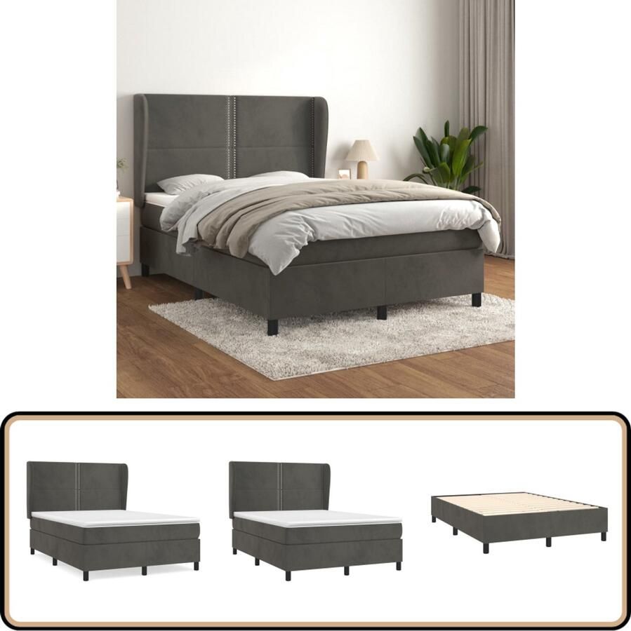 VidaXL Boxspring Fluweel Donkergrijs 140x200 cm Boxspringbed Fluweel Bed Tweepersoons Bed Boxspring Slaapkamer Meubilair