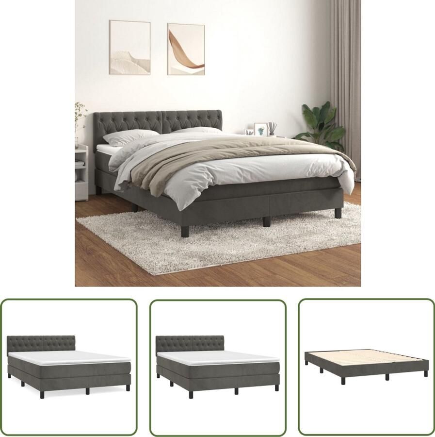 VidaXL Boxspring Fluweel Donkergrijs 140x200cm Boxspring Bed Donkere Kleuren Velvet Bed Tweepersoonsbed Pocketveer Matras Middelhard Matras Hoofdbord - Foto 2