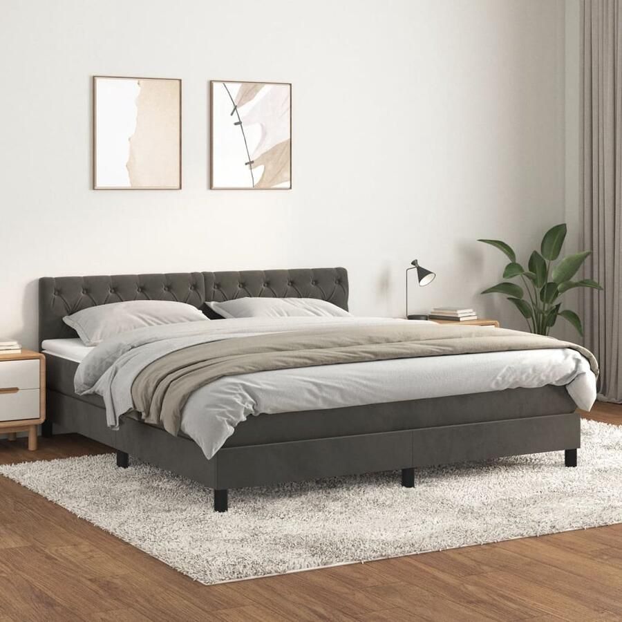 VidaXL Boxspring Fluweel Donkergrijs 160x200 cm Boxspringbed Fluweel Bed Tweepersoons Bed Donkere Kleuren Bed Pocketed Veren Matras Middelhard Matras Hoofdbord - Foto 2