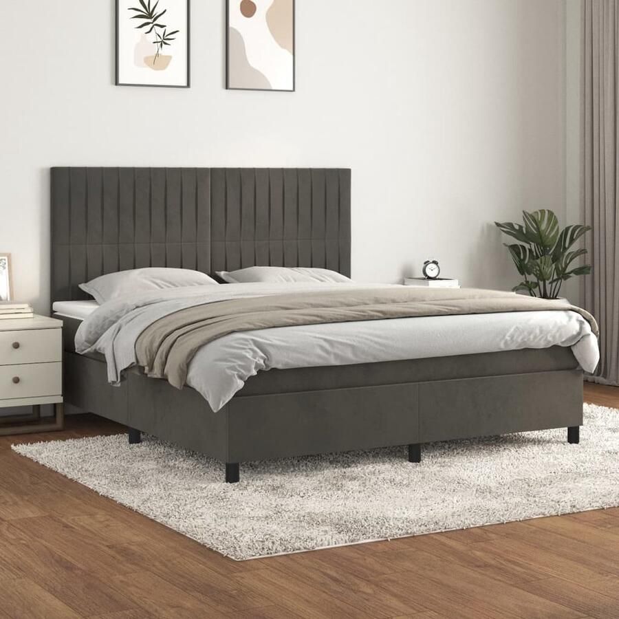 VidaXL Boxspring Fluweel Donkergrijs 160x200 cm Boxspringbed Velvet Bed Tweepersoonsbed Donkere Kleuren Hoofdbord Pocketveermatras Middelhard Matras Luxe Bed - Foto 2