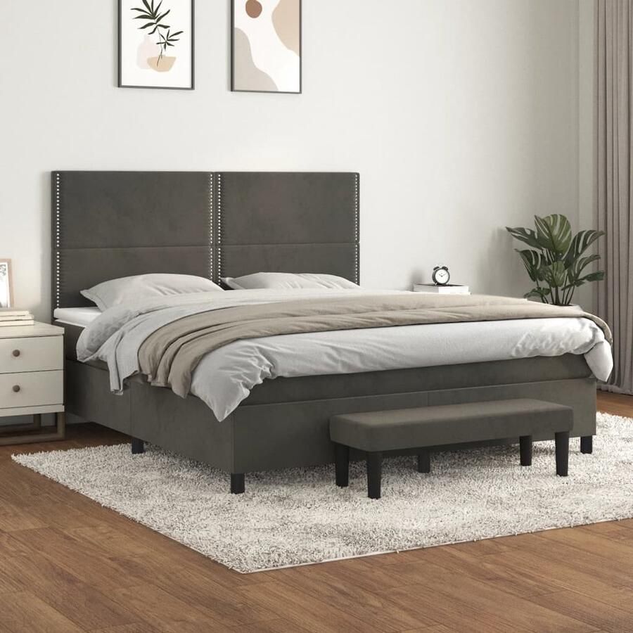 VidaXL Boxspring Fluweel Donkergrijs 180x200 cm Boxspring Tweepersoonsbed Donkere Kleuren Velvet Comfortabel Bed Pocketed Veren Midden Hard Inclusief Bank - Foto 2