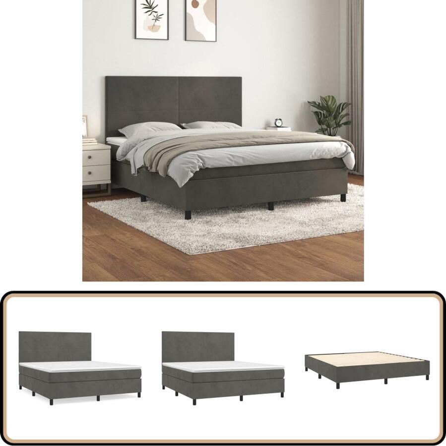 VidaXL Boxspring Fluweel Donkergrijs 180x200 cm Boxspringbed Donkere Kleuren Fluweel Verstelbare Hoofdbord Pocketvering Matras Middelhard Huidgevend