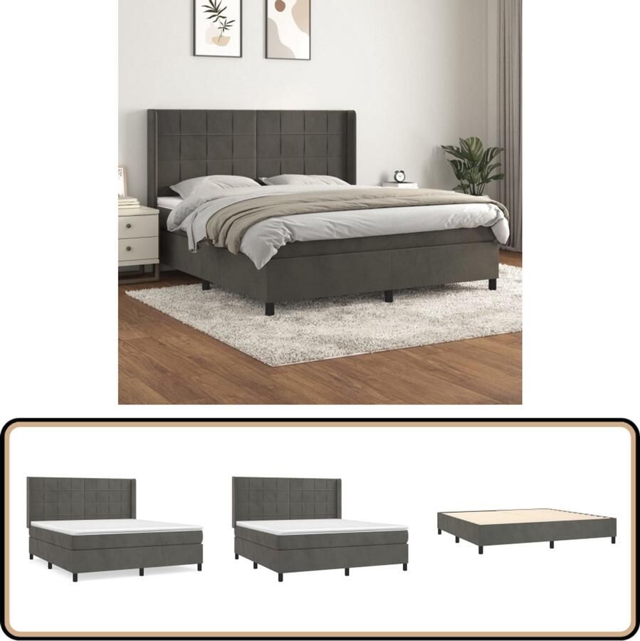 VidaXL Boxspring Fluweel Donkergrijs 180x200 cm Boxspringbed Fluweel Bed Pocketveer Matras Middenhard Matras Donkere Grijs Bed