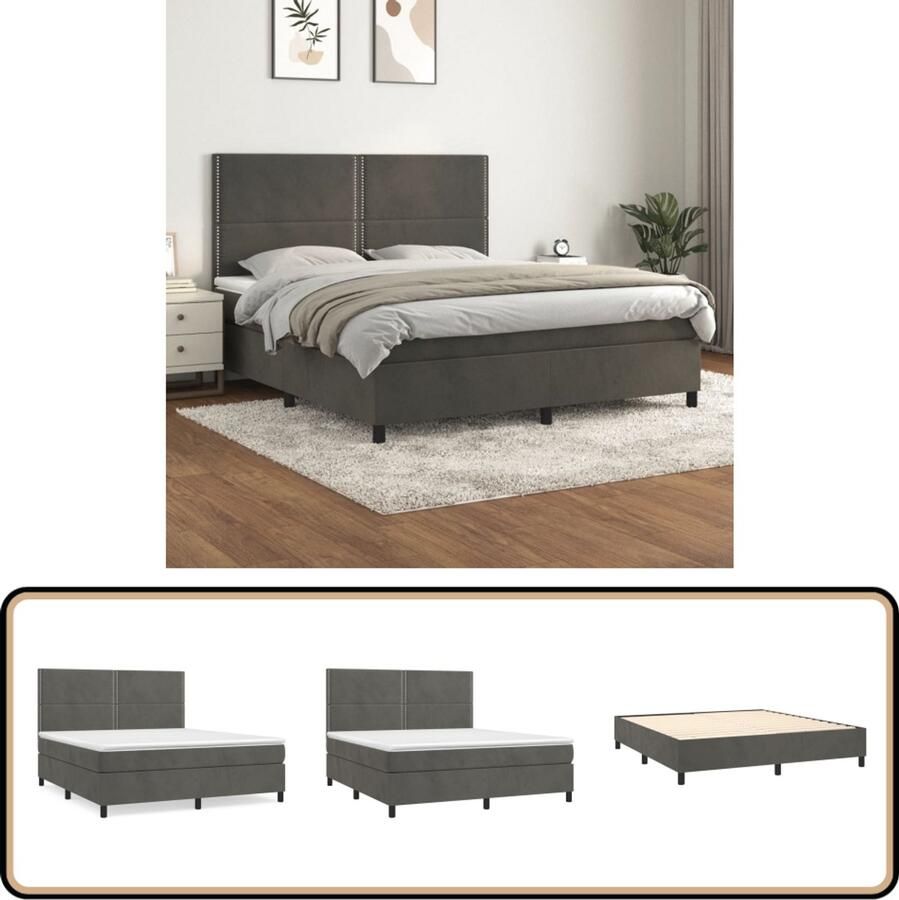 VidaXL Boxspring Fluweel Donkergrijs 180x200 cm Boxspringbed Fluweel Bed Velvet Bed Tweepersoons Bed Groot Bed