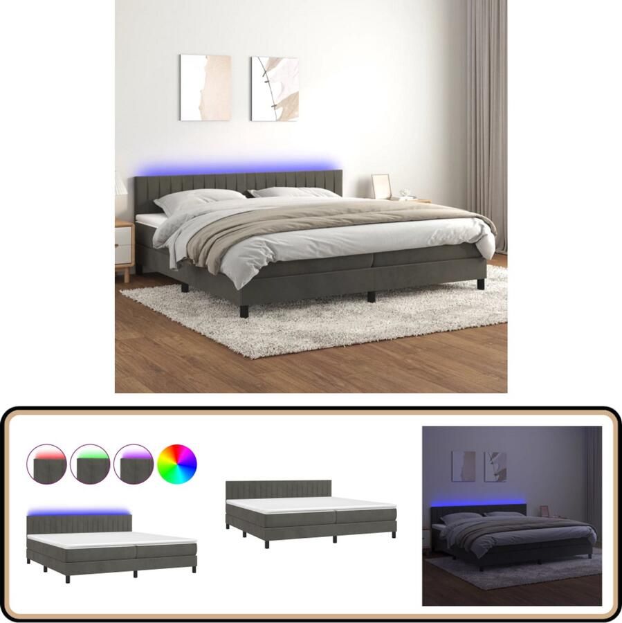 VidaXL Boxspring Fluweel Donkergrijs 200x200 cm Boxspring Bed Donkere Kleuren Velvet Bed Elektrisch Verstelbare Hoofdbord Led Verlichting