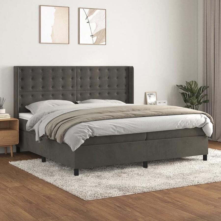 VidaXL Boxspring Fluweel Donkergrijs 200x200 cm Boxspring Bed Velvet Bed Donkere Grijze Boxspring Tweepersoons Bed Pocketveer Matras Hoofdbord - Foto 2