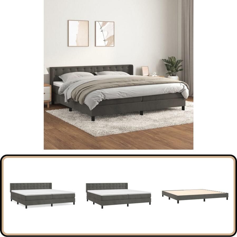 VidaXL Boxspring Fluweel Donkergrijs 200x200 cm Boxspringbed Donkere Kleuren Velvet Bed Tweepersoons Bed Slaapkamer Meubilair
