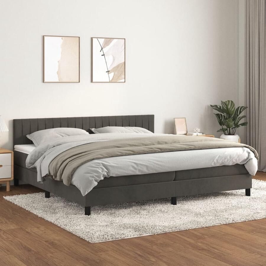 VidaXL Boxspring Fluweel Donkergrijs 200x200 cm Boxspringbed Donkere Kleuren Velvet Verstelbare Hoofdbord Pocketvering Middelhard Matras Luxe Slaapkamer - Foto 2