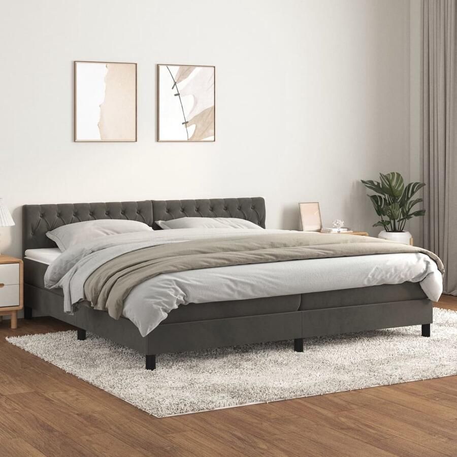 VidaXL Boxspring Fluweel Donkergrijs 200x200 cm Boxspringbed Fluweel Bed Boxspring Tweepersoons Bed Donkere Kleuren Hoofdbord Pocketveer Matras Middenhard - Foto 3