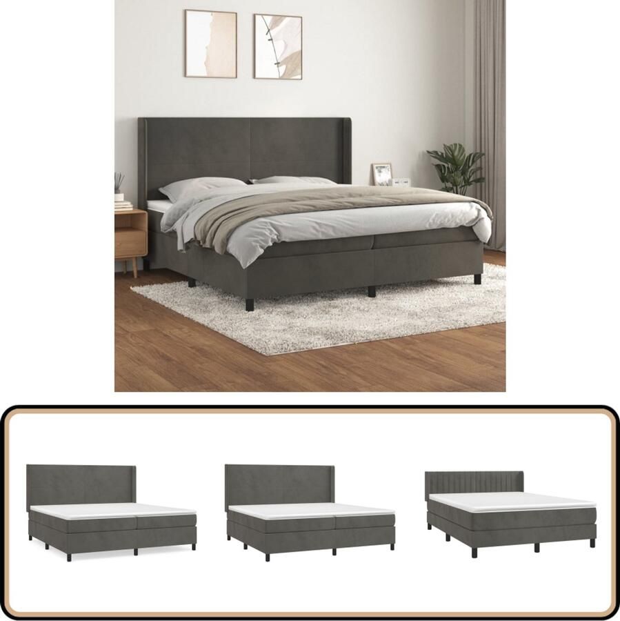 VidaXL Boxspring Fluweel Donkergrijs 200x200 cm Boxspringbed Fluweel Bed Donkere Grijze Boxspring Tweepersoons Bed Pocketvering Matras Middelhard Matras Hoofdbord