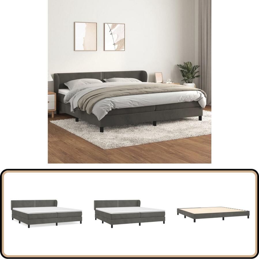 VidaXL Boxspring Fluweel Donkergrijs 200x200 cm Boxspringbed Fluweel Bed Tweepersoons Bed Boxspring Slaapkamer Meubilair Hoofdbord Pocketvering Matras Middelhard Matras