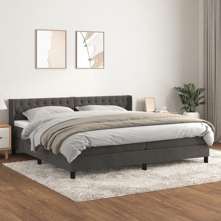 VidaXL Boxspring Fluweel Donkergrijs 200x200 cm Boxspringbed Fluweel Bed Tweepersoons Bed Hoogtestelbare Hoofdbord Pocketveer Matras Middelhard Matras Donkere Grijs - Foto 2