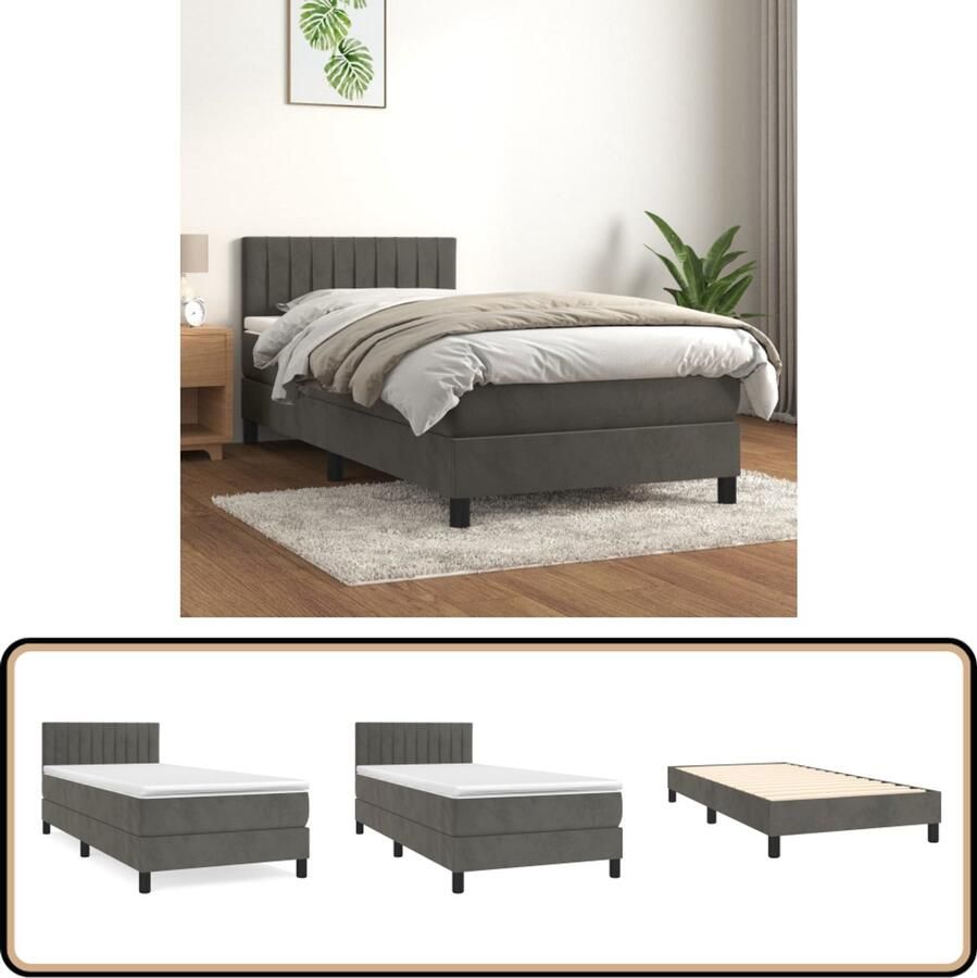 VidaXL Boxspring Fluweel Donkergrijs 100x200 cm Boxspringbed Donkere Kleuren Velvet Meubilair Verstelbare Hoofdborden Pocketveer Matras Middelhard Matras Luxe Bedden