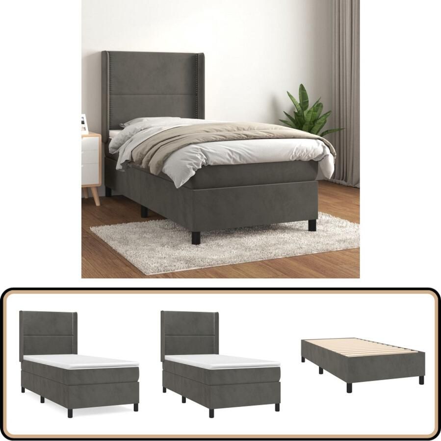 VidaXL Boxspring Fluweel Donkergrijs 90x200 cm Boxspringbed Fluweel Bed Donkere Kleuren Bed Tweepersoons Bed Pocketveer Matras Middelhard Matras Hoofdbord - Foto 3