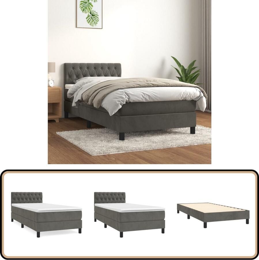 VidaXL Boxspring Fluweel Donkergrijs 90x190 cm Boxspringbed Fluweel Bed Hoofdbord Pocketveer Matras Middelhard Matras