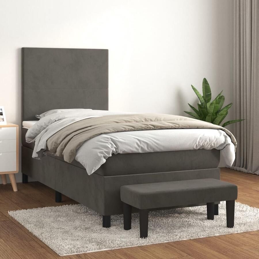 VidaXL Boxspring Fluweel Donkergrijs 90x190 cm Boxspring Fluweel Bed Tweepersoonsbed Donkere Kleuren Middenhard Matras Pocketed Veren Hoofdbord Bijzettafel - Foto 2