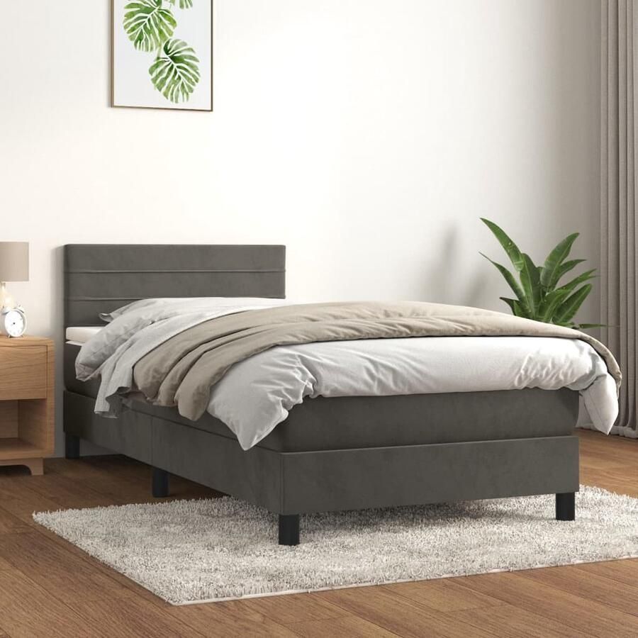 VidaXL Boxspring Fluweel Donkergrijs 90x200 cm Boxspringbed Donkere Kleuren Velvet Meubilair Tweepersoons Bed Pocketveer Matras Middelhard Matras Hoofdbord Slaapkamer Decoratie - Foto 2