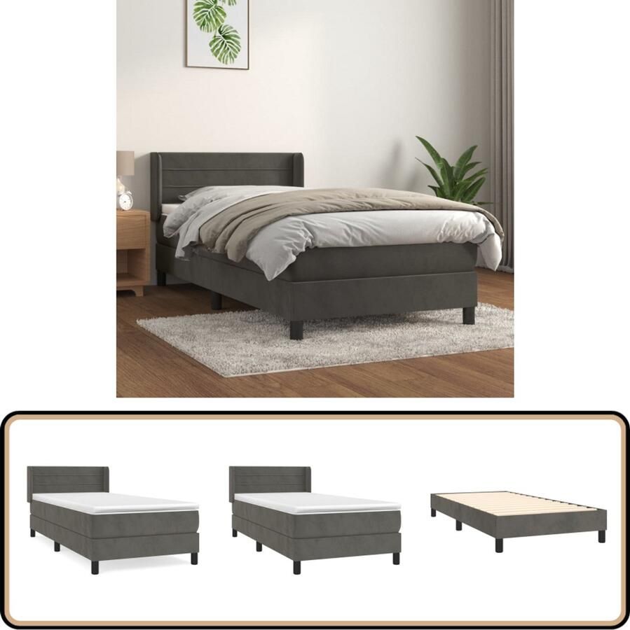VidaXL Boxspring Fluweel Donkergrijs 90x200 cm Boxspringbed Fluweel Bed Donkere Kleuren Bed Tweepersoons Bed Pocketveer Matras Middelhard Matras Hoofdbord - Foto 2
