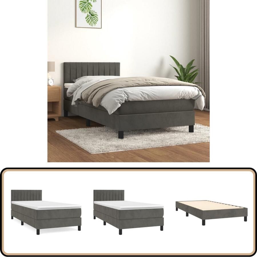 VidaXL Boxspring Fluweel Donkergrijs 90x200 cm Boxspringbed Fluweel Bed Hoofdbord Pocketvering Matras Middelhard Matras