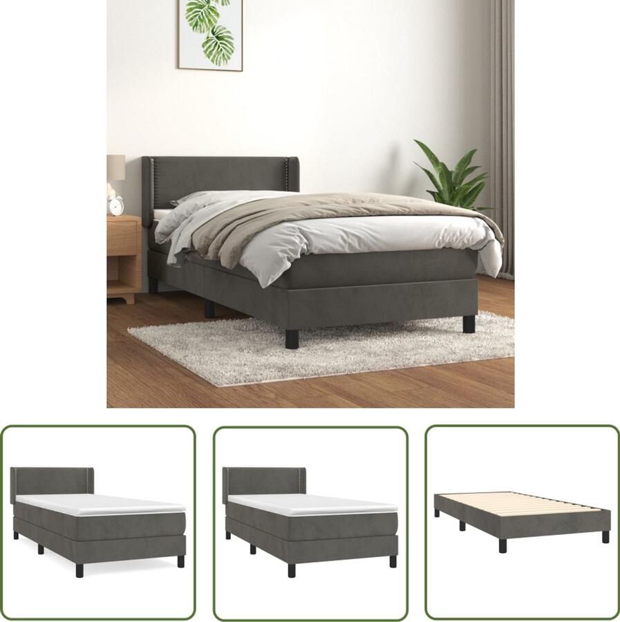 VidaXL Boxspring Fluweel Donkergrijs 90x200 cm Boxspringbed Fluweel Bed Pocketveer Matras Middenhard Matras Donkere Grijs Bed