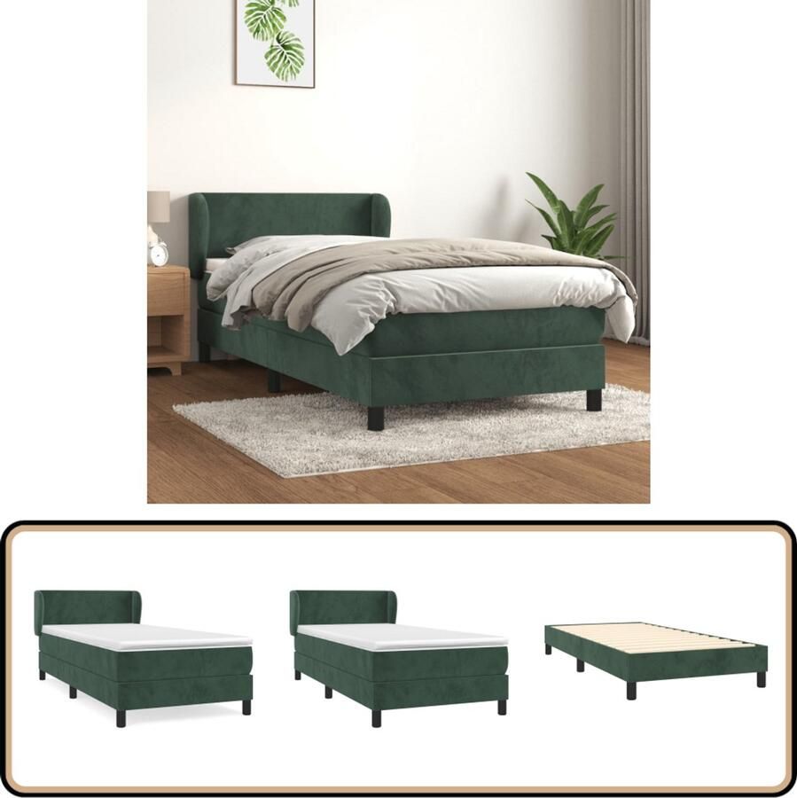 VidaXL Boxspring Fluweel Donkergroen 100x200 cm Boxspringbed Fluweel Bed Donkere Groene Boxspring Tweepersoons Bed Pocketveer Matras Middelhard Matras Hoofdbord