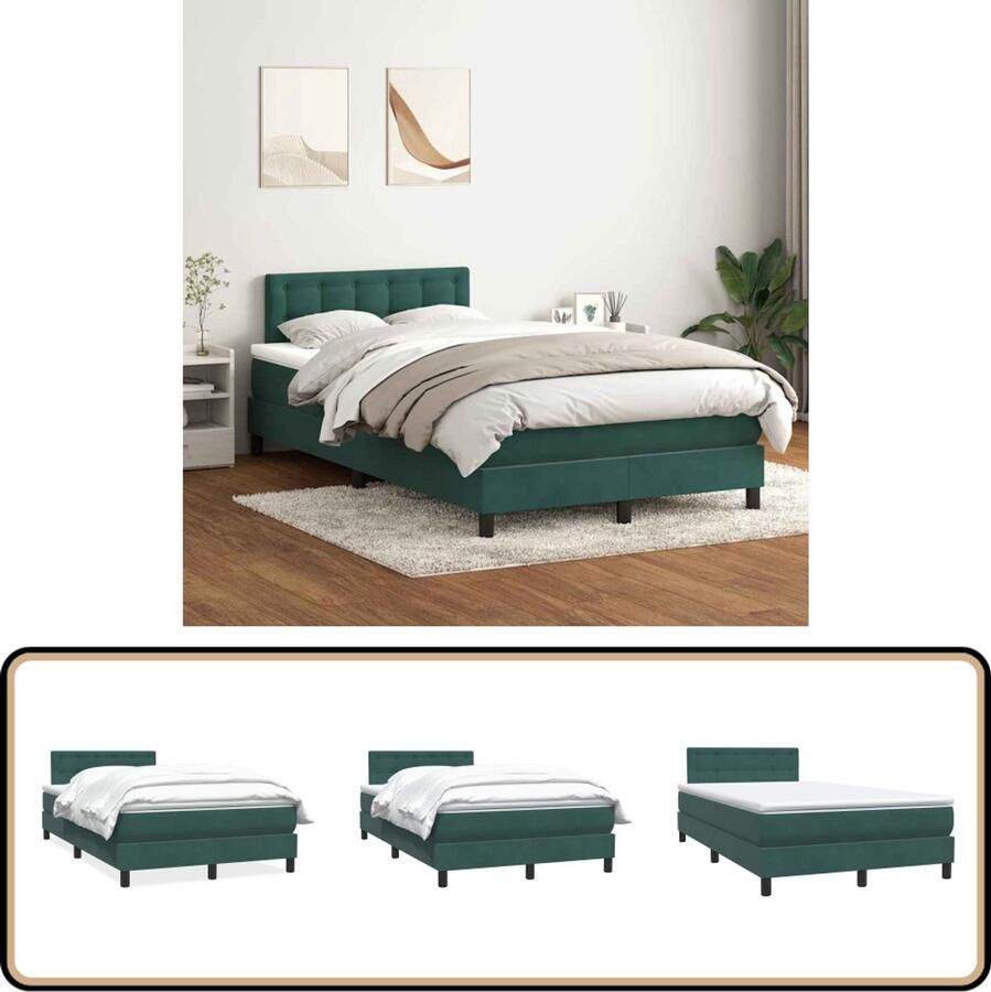 VidaXL Boxspring Fluweel Donkergroen 120x210 cm Boxspring Tweepersoonsbed Donkere Kleuren Fluweel Luxe Bed Comfortabel Bed Slaapcomfort Modern Bed Hoofdbord Compleet Bedset