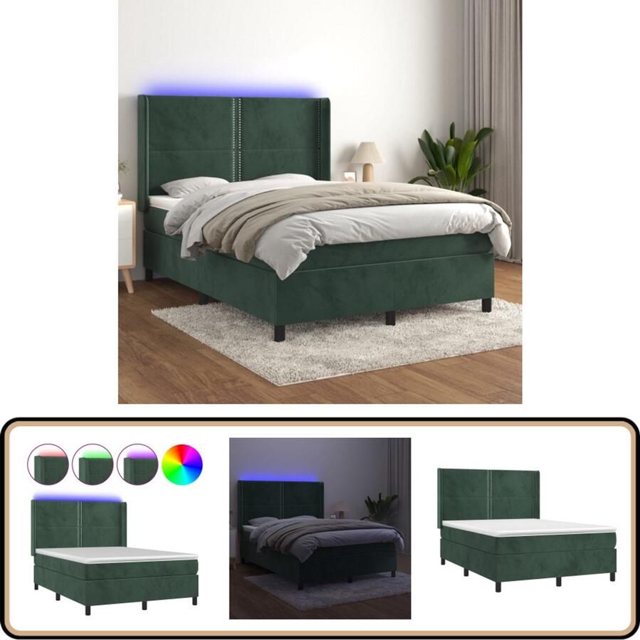 VidaXL Boxspring Fluweel Donkergroen 140x200 cm Boxspring Luxe Bed Velvet Bed Donkere Groene Bed Led Lampen