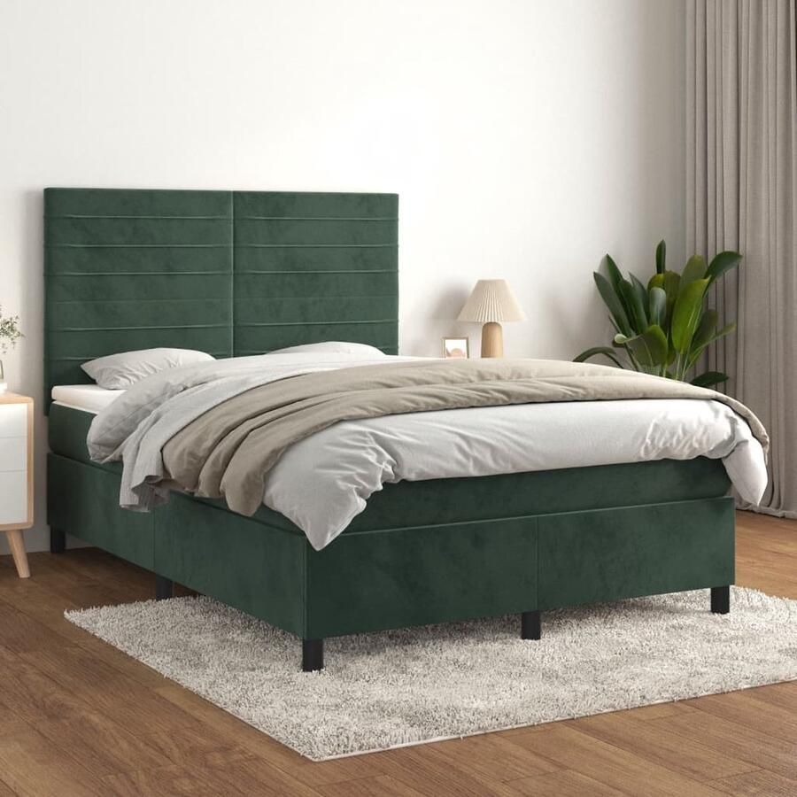 VidaXL Boxspring Fluweel Donkergroen 140x200 cm Boxspringbed Donkere Kleuren Velvet Verstelbare Hoofdbord Pocketveer Matras Middelhard Matras Luxe Bed - Foto 2