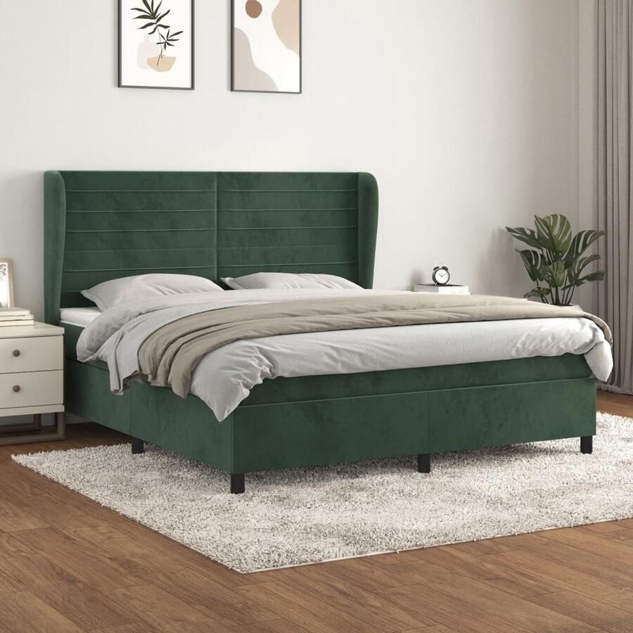 VidaXL Boxspring Fluweel Donkergroen 160x200 cm Boxspringbed Donkere Kleuren Fluweel Bed Tweepersoons Bed Pocketveer Matras Hoofdbord Ergonomisch Bed Slaapkamer Meubilair Luxe Bed - Foto 2