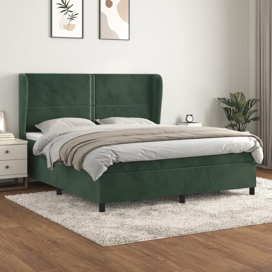 VidaXL Boxspring Fluweel Donkergroen 160x200 cm Boxspringbed Donkere Kleuren Fluweel Tweepersoonsbed Pocketveer Matras Middenhard Hoofdbord Bedroom Decor - Foto 2