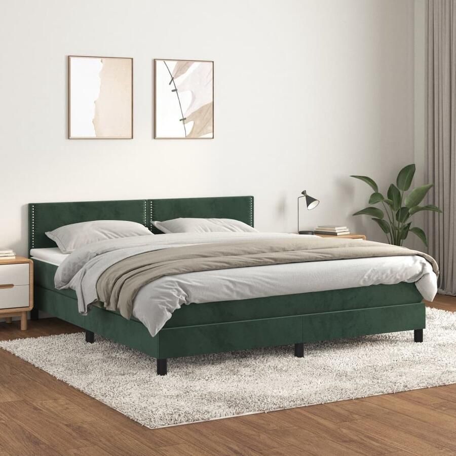 VidaXL Boxspring Fluweel Donkergroen 160x200 cm Boxspringbed Fluweel Bed Velvet Bed Boxspring Tweepersoonsbed Groot Bed Donkere Kleuren Middenhard Matras Ergonomisch Bed Slaapcomfort - Foto 2