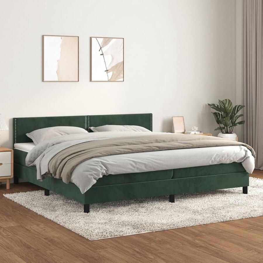 VidaXL Boxspring Fluweel Donkergroen 200x200 cm Boxspringbed Fluweel Bed Verstelbare Hoofdbord Pocketveer Matras Middelhard Matras Huidgevend Topmatras Groen Bed - Foto 2