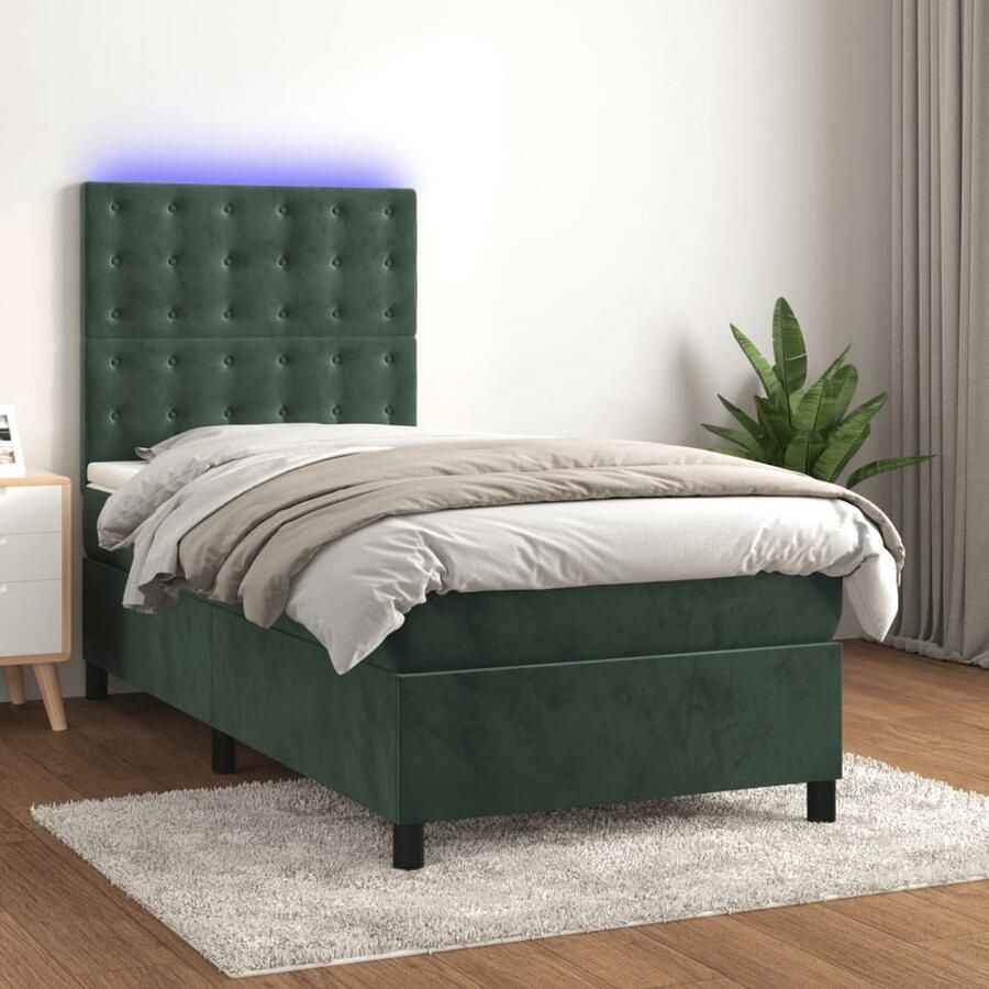 VidaXL Boxspring met LED Fluweel 90x200 cm Groen Boxspring Donkere Kleuren Velvet Led Verlichting Verstelbare Hoofdbord Pocketveer Matras Slaapcomfort - Foto 2
