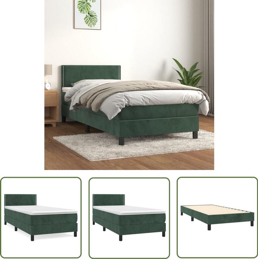 VidaXL Boxspring Fluweel Donkergroen 90x190 cm Boxspringbed Donkere Kleuren Velvet Bed Verstelbare Hoofdbord Pocketveer Matras Middelhard Matras Slaapkamer Meubilair - Foto 2