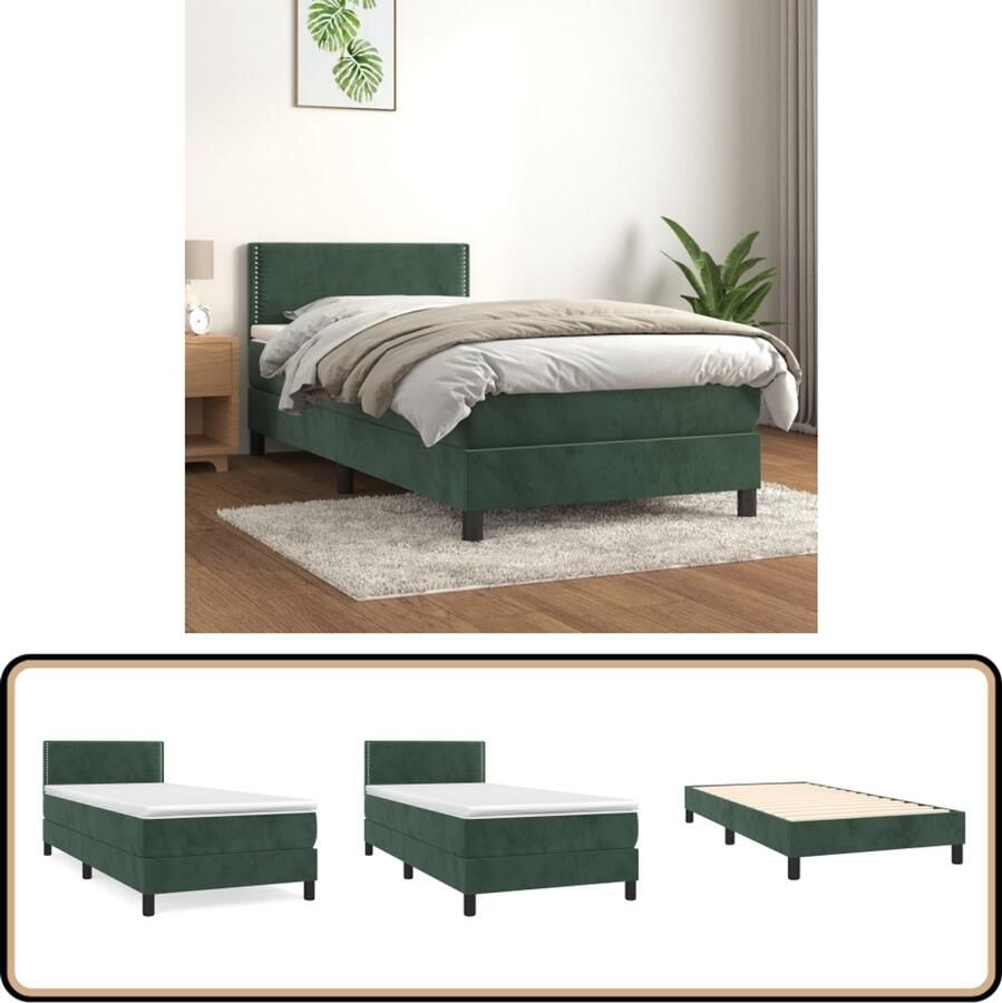 VidaXL Boxspring Fluweel Donkergroen 90x190 cm Boxspringbed Donkere Kleuren Velvet Bed Verstelbare Hoofdbord Pocketveer Matras Middelhard Matras Slaapkamer Meubilair
