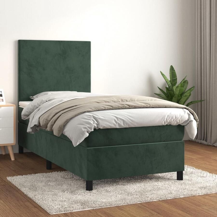 VidaXL Boxspring Fluweel Donkergroen 90x190 cm Boxspringbed Fluweel Bed Verstelbare Hoofdbord Pocketveer Matras Middelhard Matras Groen Bed - Foto 2