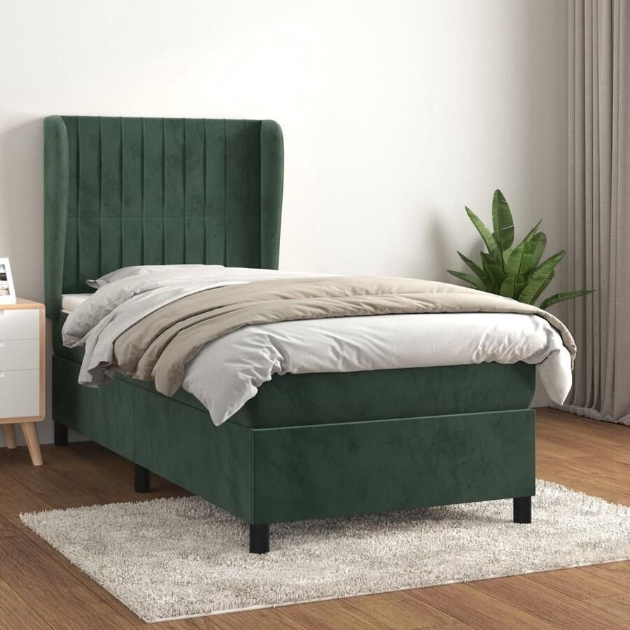 VidaXL Boxspring Fluweel Donkergroen 90x190 cm Boxspring Bed Fluweel Bed Donkere Groene Bed Tweepersoons Bed Slaapcomfort - Foto 2