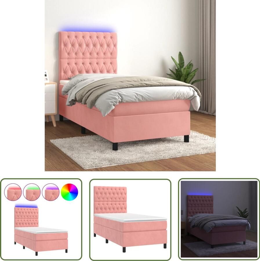 VidaXL Boxspring Fluweel Inclusief matras en LED Roze Boxspring Bed Fluweel Bed Roze Bed Tweepersoonsbed Adjustable Headboard Led Lighting